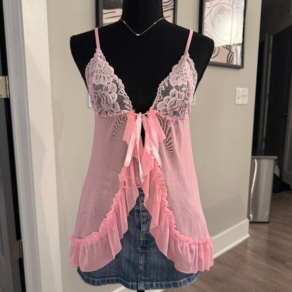 Vintage Lingerie Cami \ Baby Pink Mesh 2000s Y2K Lingerie Cami Slip Dress - Picture 2 of 9